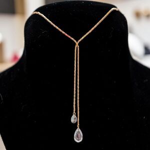 Gold Tone Lariat Necklace with Crystal Teardrop Pendant, Y Necklace